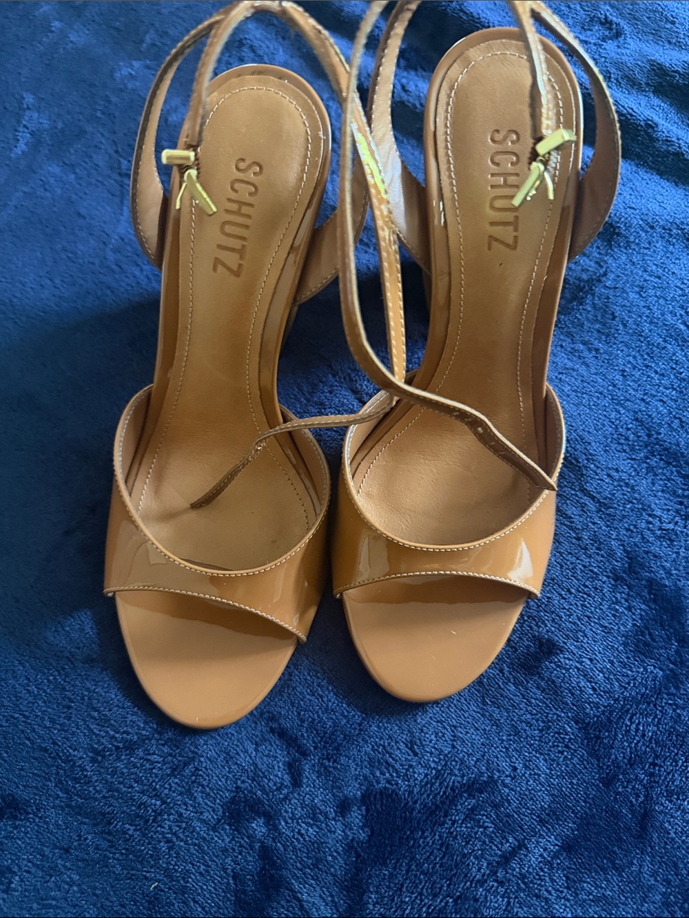 SCHUTZ Glossy Camel Patent Leather Strappy Sandals